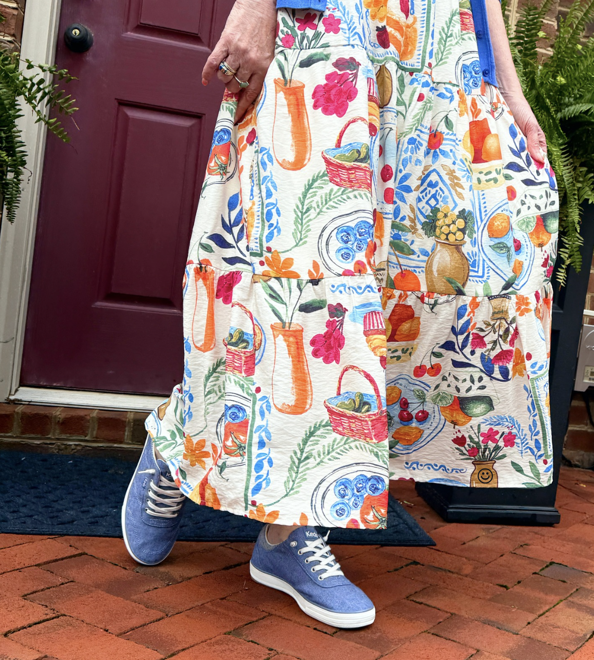 Keds Center III Chambray Slip-On Sneakers worn with a colorful maxi dress